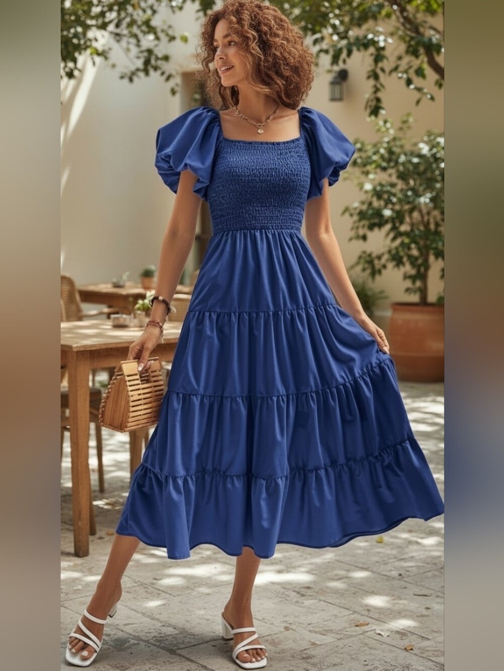 Women's Puff Short Sleeve Tiered Think About It Blue Midi Dress Plus Size 4X